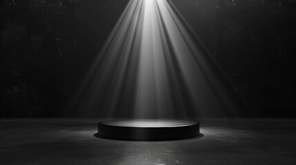 Abstract black stage with one round podium in light beam with light spot mockup for presentation cosmetic products, goods, advertising, design in soft gradient, in modern simple style, copy space.