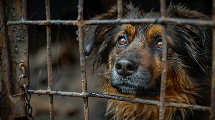 A dog locked in a cage in a scene of confinement and sadness. Dog expressing sadness in a mix of anxiety and resignation.
