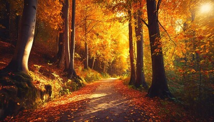 autumn forest scenery with road of fall leaves warm light illumining the gold foliage footpath in...