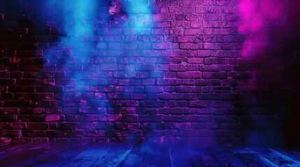 Fototapeta na wymiar Brick wall, neon light effect and smoke.