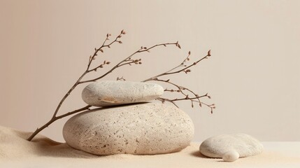 Abstract nature scene with composition of stones and dry branch. Neutral beige background for cosmetic, beauty product branding, identity and packaging. Natural pastel colors. Copy space, front view.