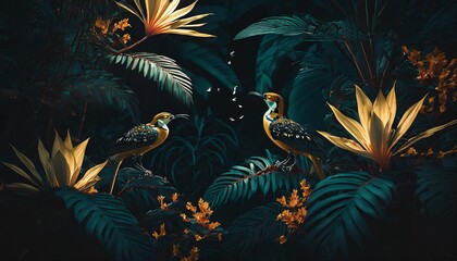 Fototapeta na wymiar tropical wallpaper background with plants and birds generative ai