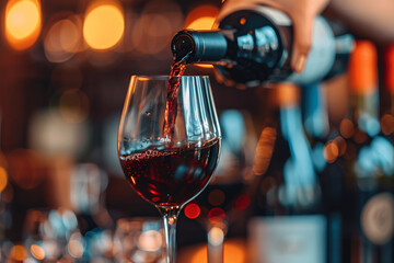 Red wine being poured into a stemmed glass - obrazy, fototapety, plakaty