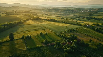 Aerial view of a rural landscape with green fields and plants and agricultural farm land of natural background