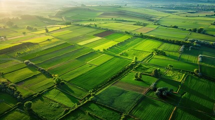 Fototapeta premium Aerial view of a rural landscape with green fields and plants and agricultural farm land of natural background