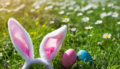 easter bunny ears with easter eggs on meadow with flowers background banner transparent