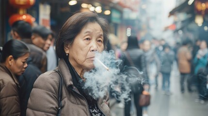 Asian woman hand drinking glass of alcohol and smoking cigarette. - obrazy, fototapety, plakaty