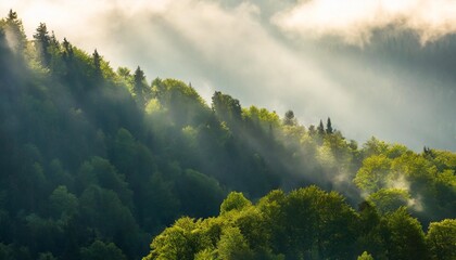 highres panoramic background of green forest with sunbeams through morning fog