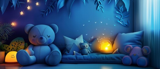 Obraz na płótnie Canvas Teddy bear sitting on bed beside a glowing lamp, creating a cozy atmosphere
