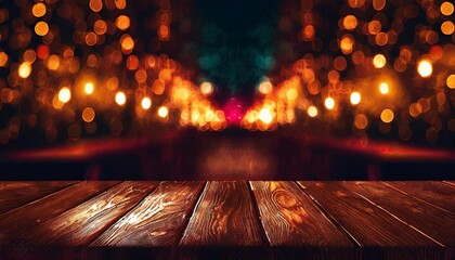 wooden table blurred bokeh background background neon light night view close up the general background of the interior a dark background - Powered by Adobe