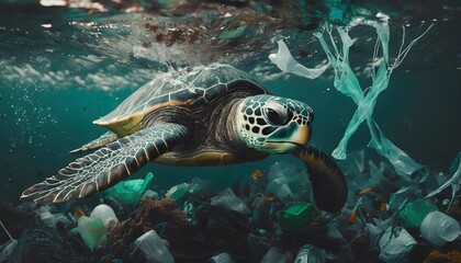 generative ai illustration of a sea turtle navigates through ocean waters entangled with harmful...