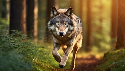 wild gray wolf running in the forest at sunset amazing wildlife generative a