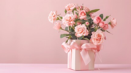 Beautiful bouquet flowers pink roses in vase and gift box with satin bow on pastel pink background table. Birthday, Wedding, Mother's Day, Valentine's day, Women's Day. Front view