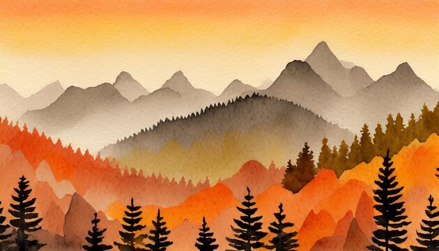 seamless border with hand painted watercolor mountains and pine trees seamless pattern with panoramic landscape in orange and black colors for print graphic design wallpaper paper