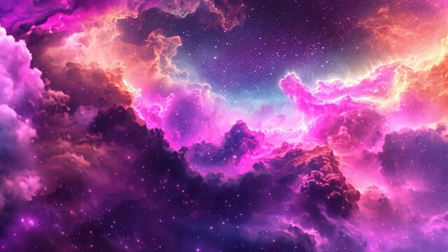 A stunning sky filled with vibrant clouds and sparkling stars, creating a captivating and colorful display, Astro-art depicting a nebula cloud in bold, exotic colors, AI Generated