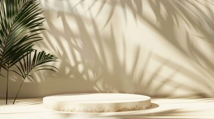 Beige background for product presentation with shadow of tropical palm leaves and light. Podium, stage pedestal platform for cosmetic product. Empty round podium.