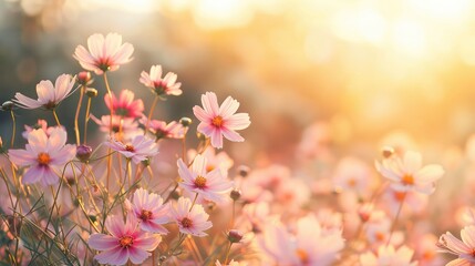 Border of pink cosmos flower in cosmos field in garden with blurry background and soft sunlight for horizontal floral poster. Close up flowers blooming on softness style in spring summer under sunrise - Powered by Adobe