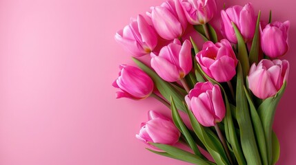 Obraz premium Bouquet of pink tulips on pink background. Mothers day, Valentines Day, Birthday celebration concept. Greeting card. Copy space for text, top view