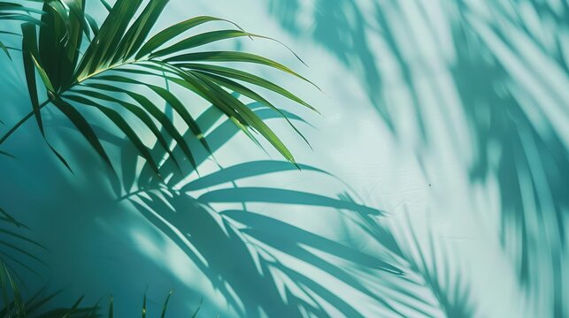 Blurred shadow from palm leaves on the light blue wall. Minimal abstract background for product presentation. Spring and summer.