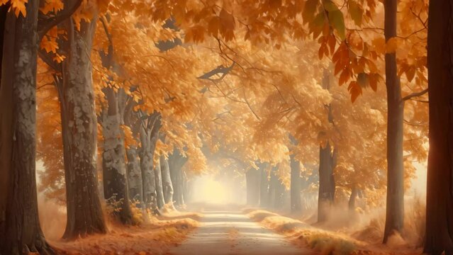 A photo capturing the vibrant fall colors of a tree-lined road, Autumn tree alley glowing in a soft pastel light, AI Generated