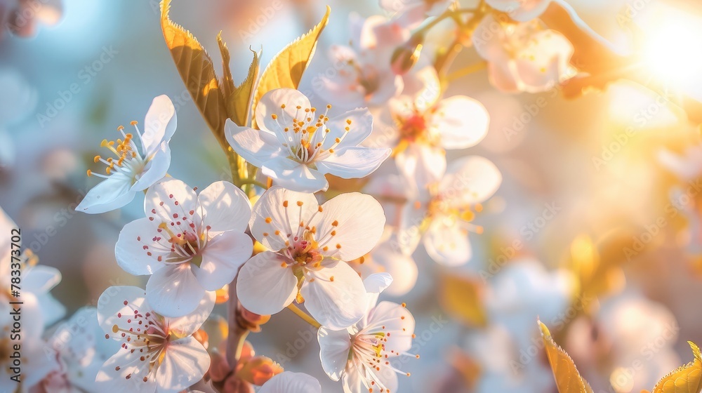 Sticker Branches of blossoming cherry macro with soft focus on gentle light blue sky background in sunlight with copy space. Beautiful floral image of spring nature panoramic view.