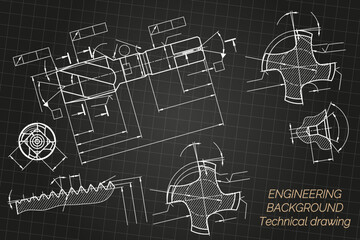 Mechanical engineering drawings on black background. Tap tools, borer. Technical Design. Cover. Blueprint. Vector illustration.
