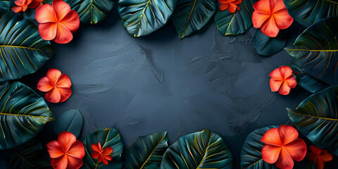 Tropical backdrop with red and yellow hibiscus flowers and exotic palm leaves on dark green background. - obrazy, fototapety, plakaty