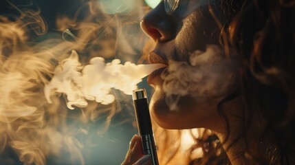 Close up of a woman inhaling from an electronic cigarette - obrazy, fototapety, plakaty