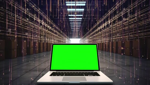 Green screen laptop computer with a data center background; Is perfect for background projects; 4k virtual video animation.