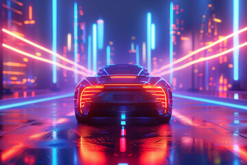 Sleek autonomous electric vehicle navigates through a futuristic smart city under neon lights isolated on a gradient background