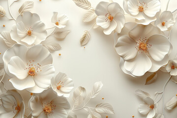 3D white illustration of a background with flowers for holiday cards