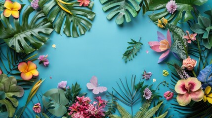 Creative layout with colorful flowers, leaves and copy space card note. Nature concept. Flat lay.