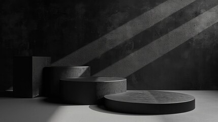 Dark black background with geometric shapes, podium on the floor. Platforms for product presentation, background. Abstract composition design, showcase product is black , copy space