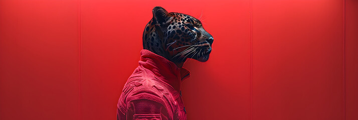Pastel pink illustrated portrait of a leopard,
Portrait of a black panther in red jacket and sunglasses
