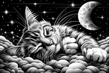Serene Cat Slumber under Moonlit Starry Night
