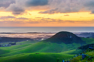 sunset, sunrise over ocean, hill, pasture, countryside