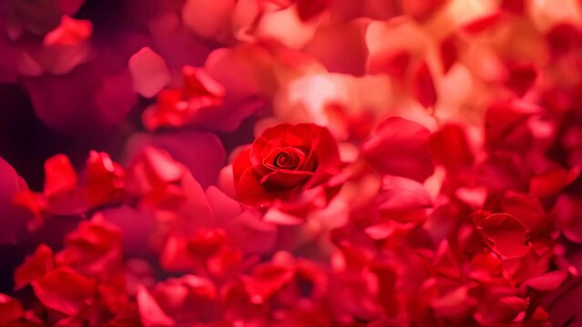 A close-up photo capturing a vibrant red rose at the center, elegantly surrounded by soft and delicate petals, Beautiful rose petals falling in a Valentine's day theme, AI Generated