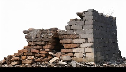 a ruined collapsed cracked or broken concrete brick cement wall isolated on a transparent...