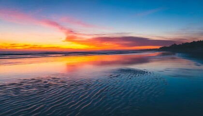 beach sunset with vibrant hues reflecting on calm waters serene mood