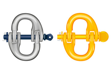 Shaped lifting shackle. That metal or steel with locking pin. Accessory or lifting equipment with breaking strength for winching, industrial crane rigging, tow strap and off-road jeep truck recovery.