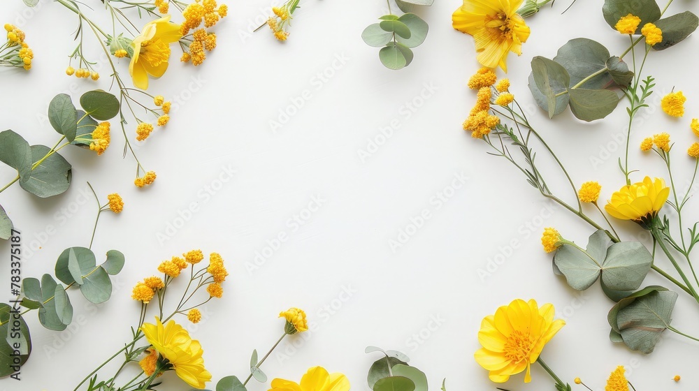 Wall mural Flowers composition. Wreath made of various yellow flowers and eucalyptus branches on white background. Flat lay, top view, copy space, square.