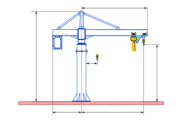 Sketch of a jib crane with dimensions. Crane on a support. Dimensional drawing.