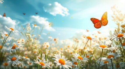 Obraz premium Flowers daisies in summer spring meadow on background blue sky with white clouds, flying orange butterfly, wide format. Summer natural idyllic pastoral landscape, copy space.