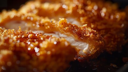 A close-up of tonkatsu reveals the golden, crispy texture of the outer layer, contrasting with the succulence of the pork inside. Restaurant menu tonkatsu. - obrazy, fototapety, plakaty