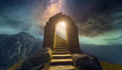 fantasy night mountain landscape moonlight and nebulae ancient stone portal stairs up
