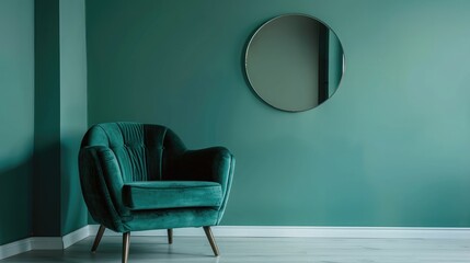 Green armchair against blue wall with round mirror in living room interior with copy space on white wall