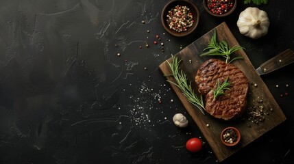 Grilled ribeye beef steak, herbs and spices. Top view with copy space for your text