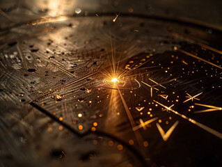 AI generated Laser ray engraving action on metal, bright light point, technological, industrial, dark scene
