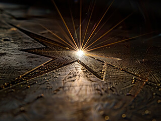 AI generated Laser ray engraving action on metal, bright light point, technological, industrial, dark scene