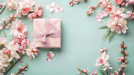 Happy Mother's Day, Women's Day, Valentine's Day or Birthday Pastel Candy Colors Background. Floral flat lay greeting card with beautifully wrapped present and copy space.